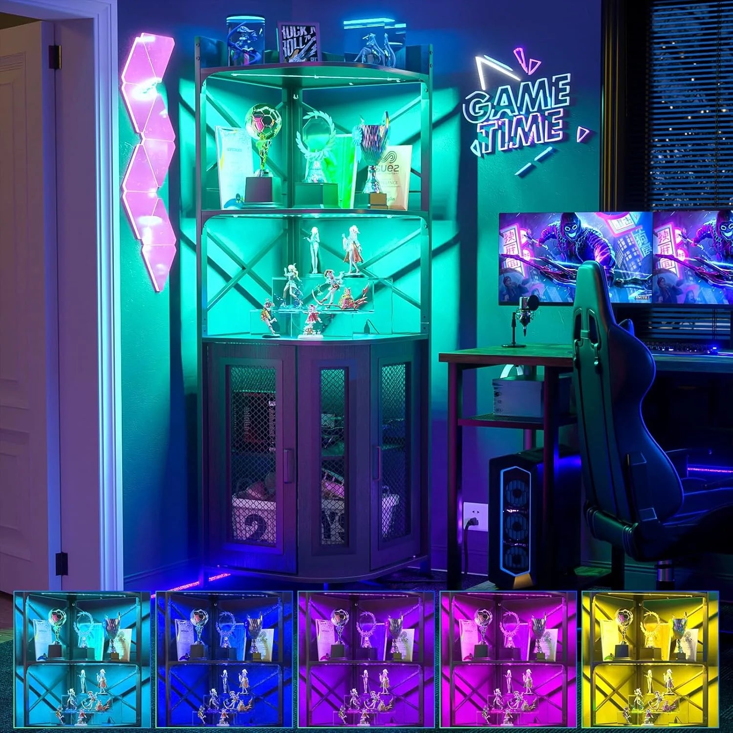 Aheaplus Corner Bar Cabinet with Power Outlet, Industrial Wine Cabinet with LED Strip and Glass Holder, 5-Tiers Liquor Cabinet Bar Unit for Home, Corner Display Cabinet for Small Space, White Oak