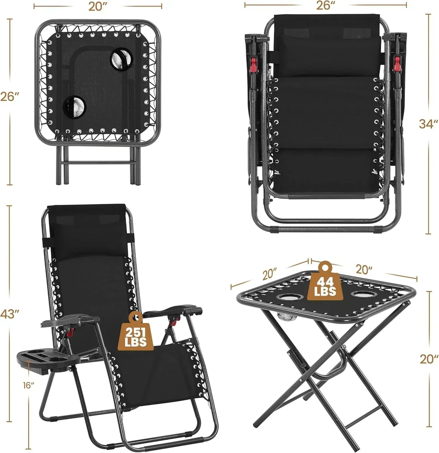 3PCS Zero Gravity Recliner Portable Outdoor Reclining Chair Set Side Table Lounge Chairs