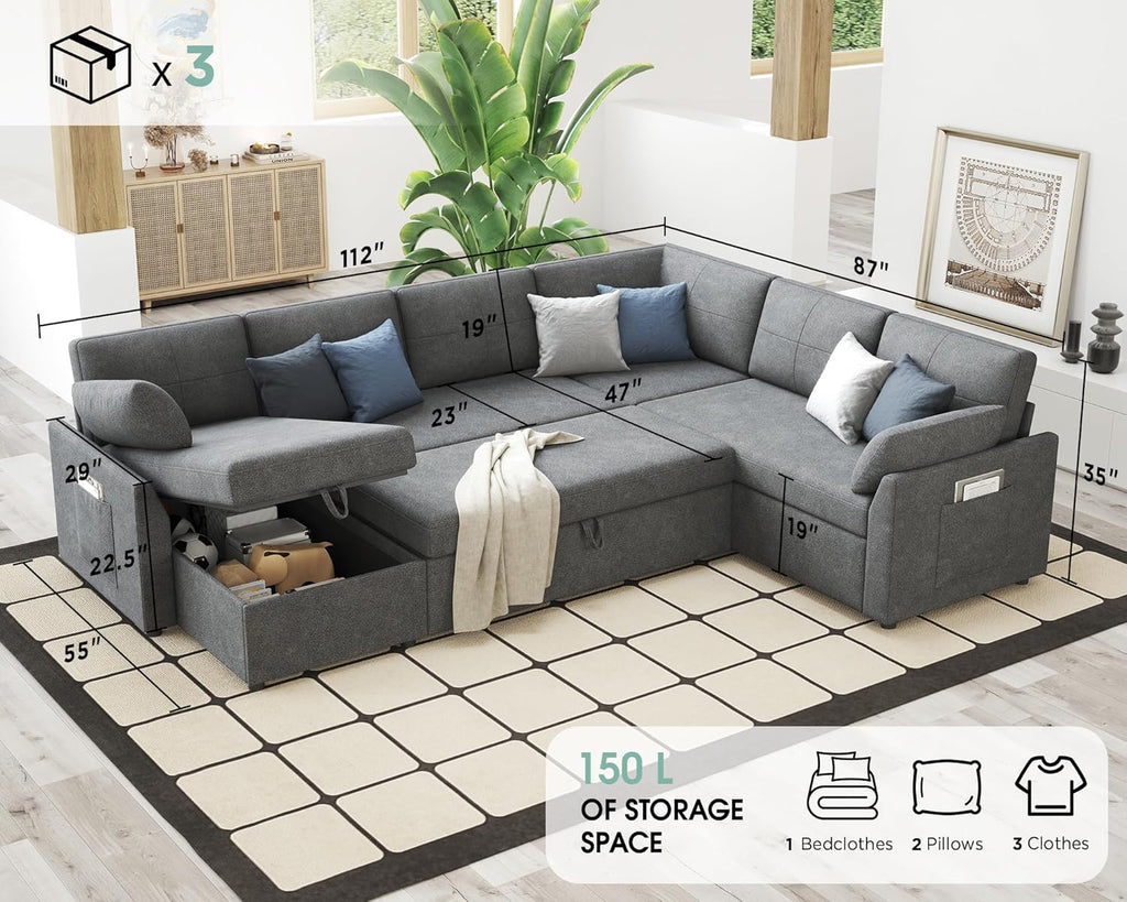 VanAcc Sofa Bed Sleeper Sofa with Storage Chaise 2 in 1 Pull Out Couch Living Room