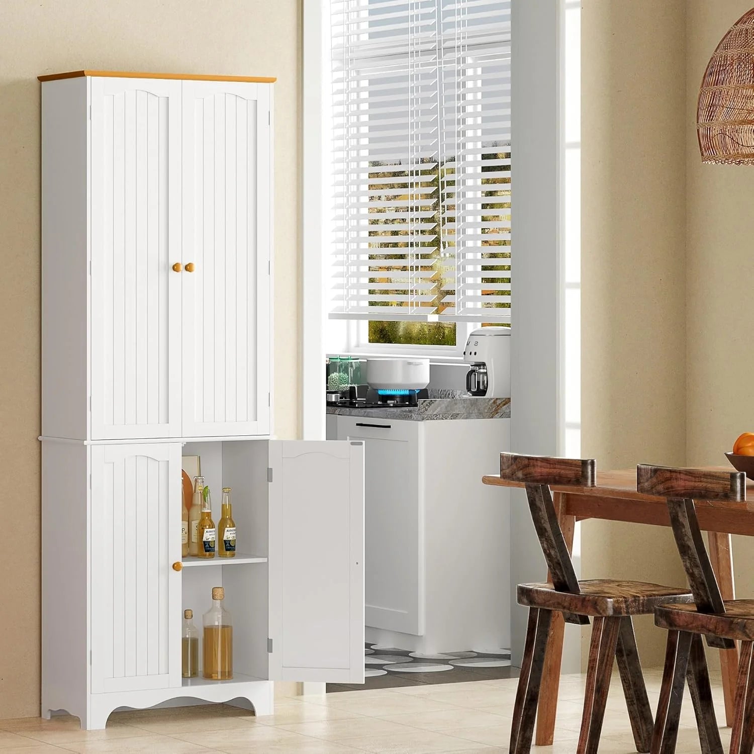 Tall Pantry Cabinet, Freestanding Storage Cabinet, Wooden Kitchen Pantry with 4 Doors and 5 Shelves, 72 Floor Cabinet Organizer