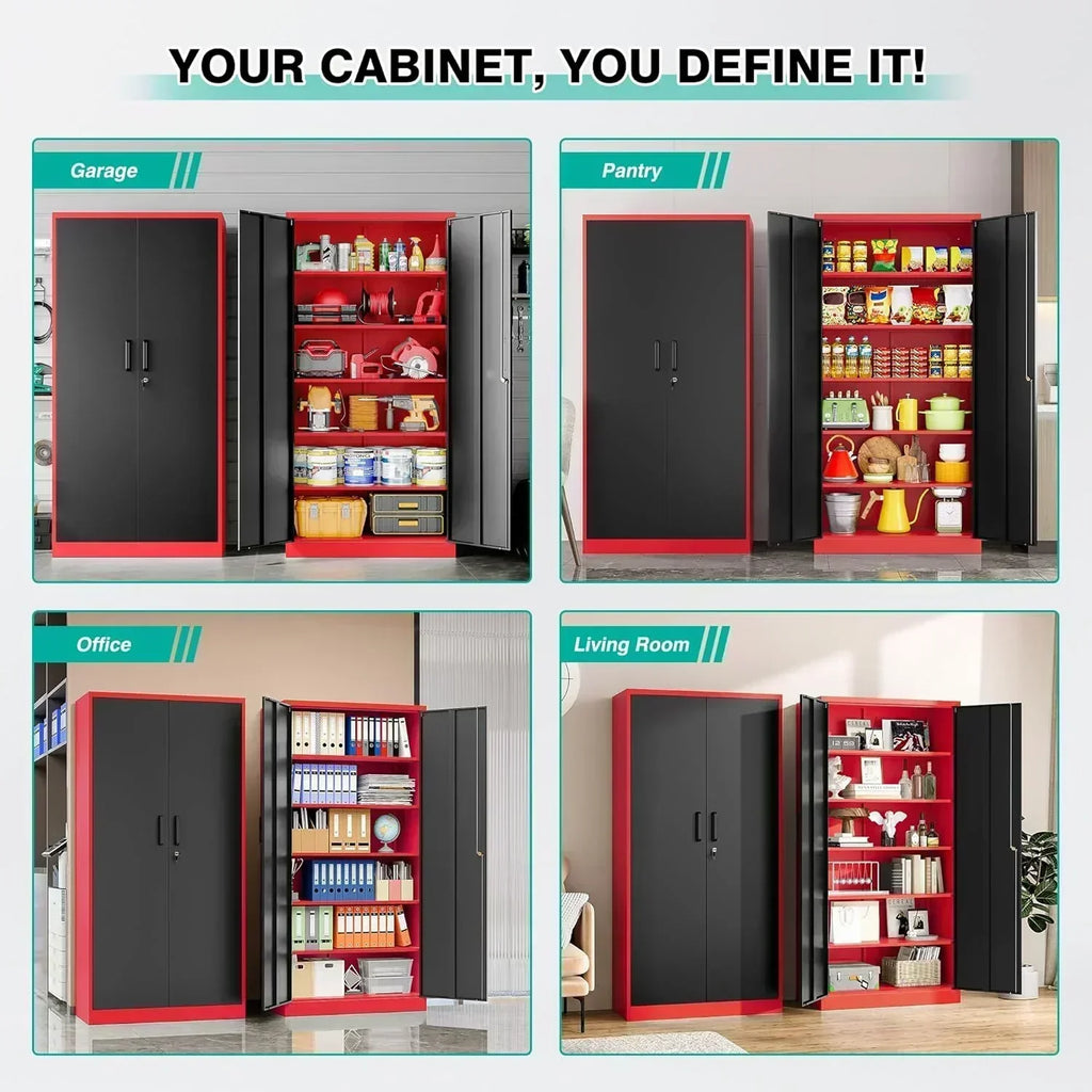 Metal Storage Cabinet with 2 Doors and 6 Shelves Black Metal Cabinet Garage Storage Cabinet