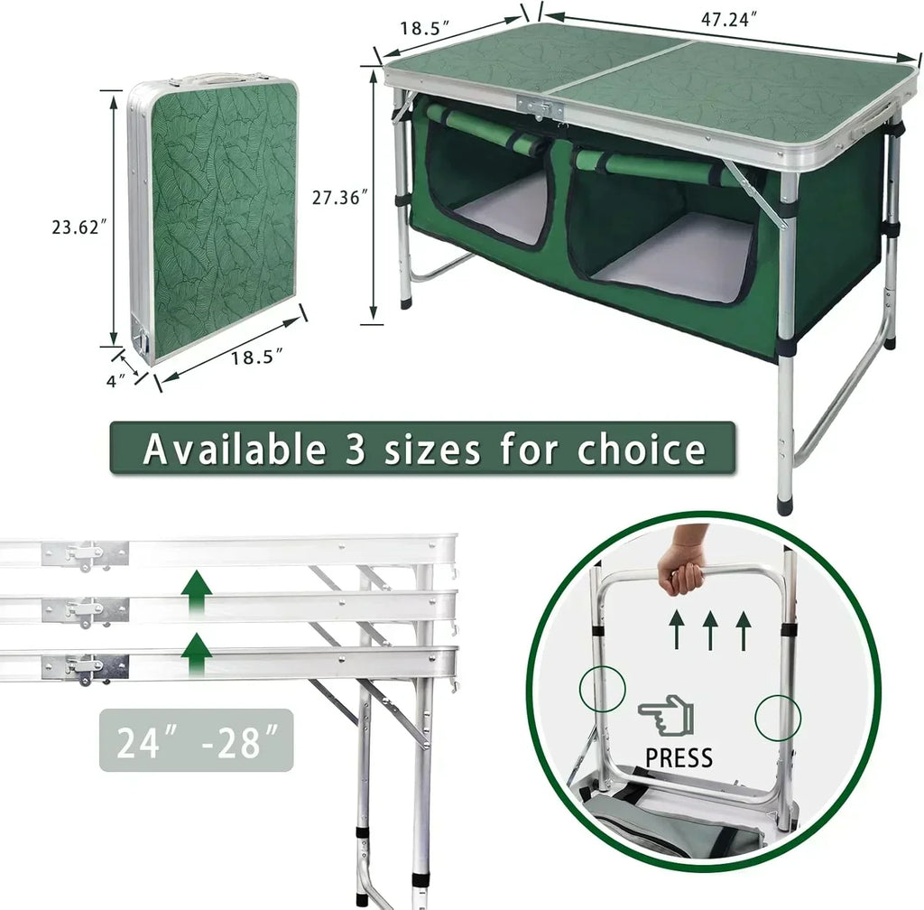 Outdoor Folding Table Aluminum Lightweight Height Adjustable with Storage Organizer