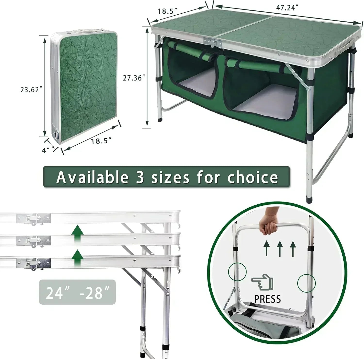 Outdoor Folding Table Aluminum Lightweight Height Adjustable with Storage Organizer