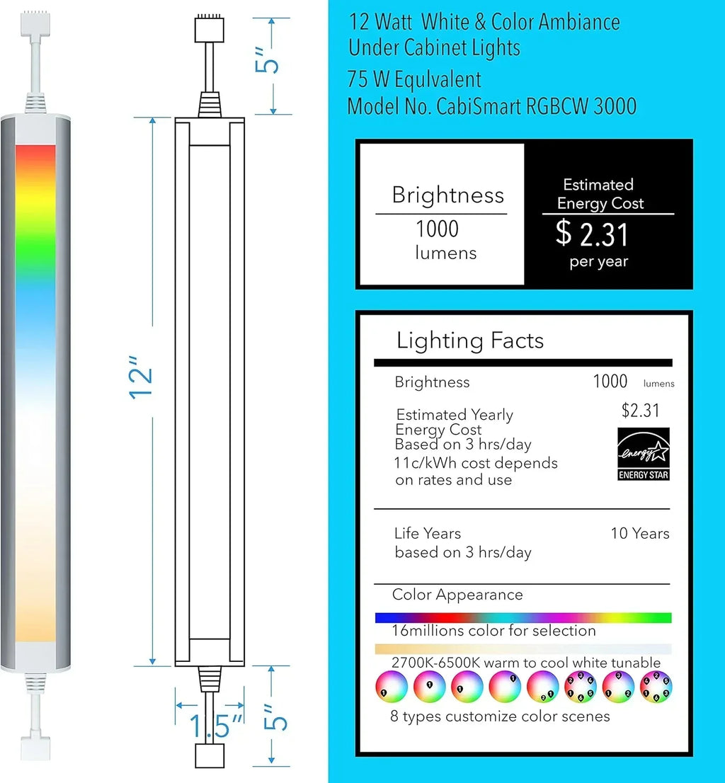Smart under-cabinet lighting strip white and color-changing dimmable