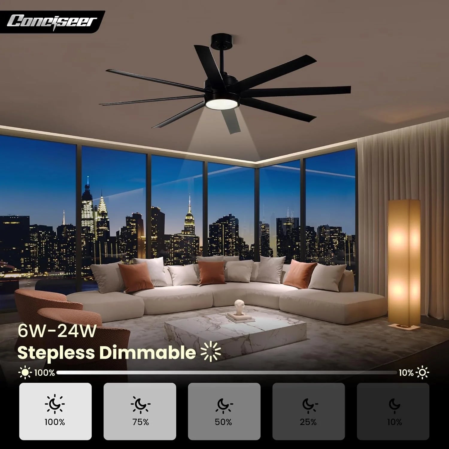 Modern Ceiling Fans with Lights, 72 Inch Ceiling Fan with Light and Remote, Bedroom Living Room Library Cafe Outdoor/Industrial,24W 3CCT Dimmable, 8 Blades 6 Speed Reversible Quiet DC Motor, Black
