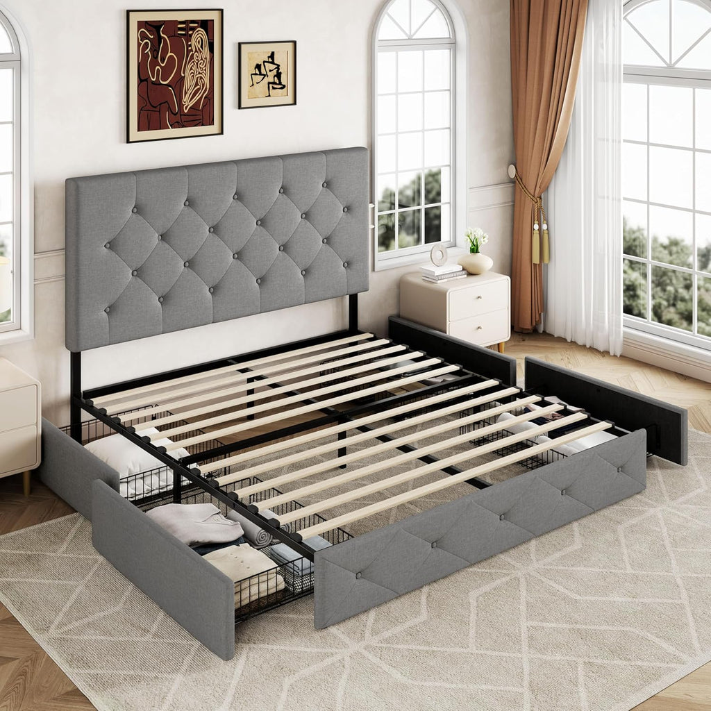 Allewie Upholstered Queen Size Platform Bed Frame with 4 Storage Drawers and Headboard