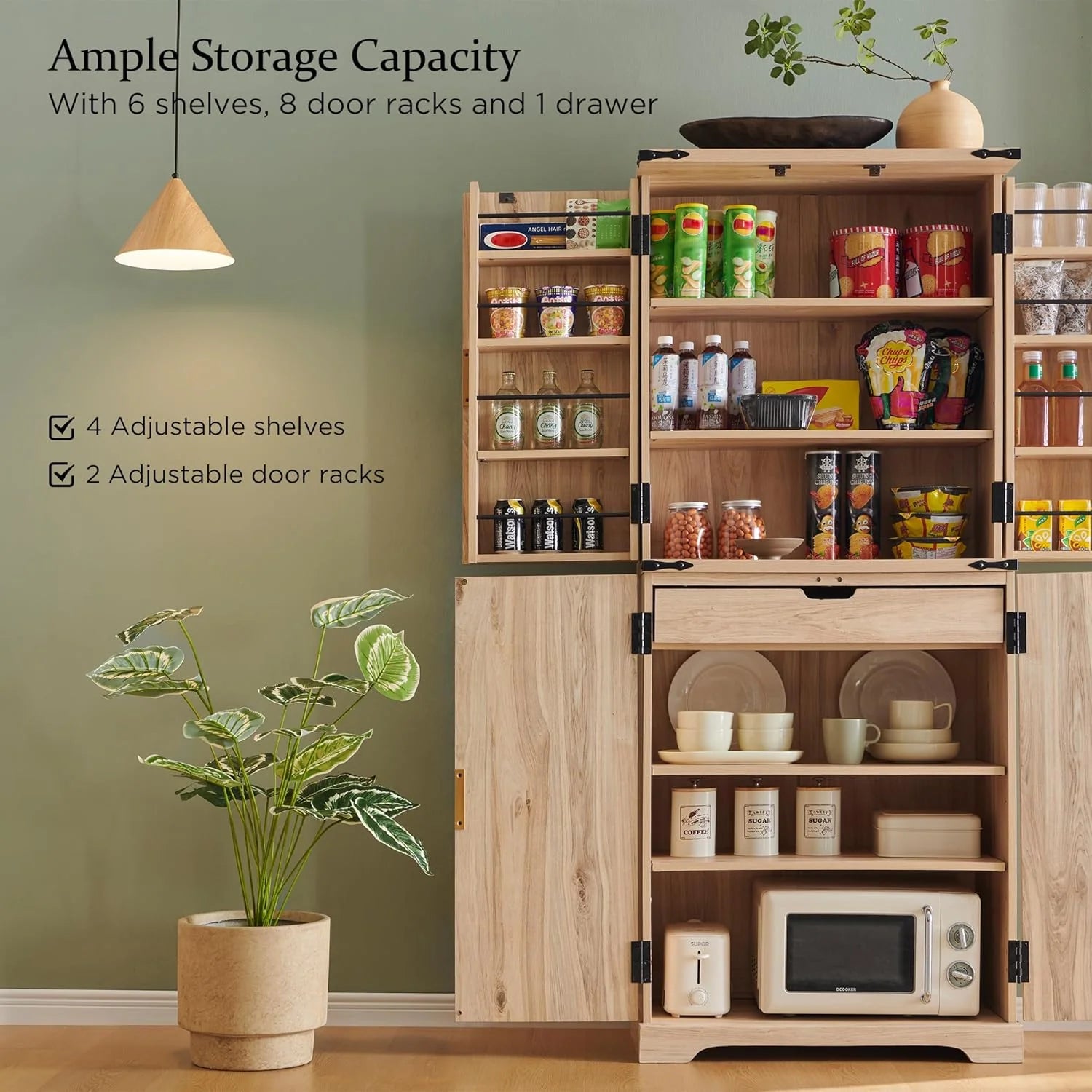 Fluted Pantry Cabinet, 72 Tall Modern Storage Cabinet with 4 Doors, Organizer, Drawer and Adjustable Shelves, Wood Cupboard