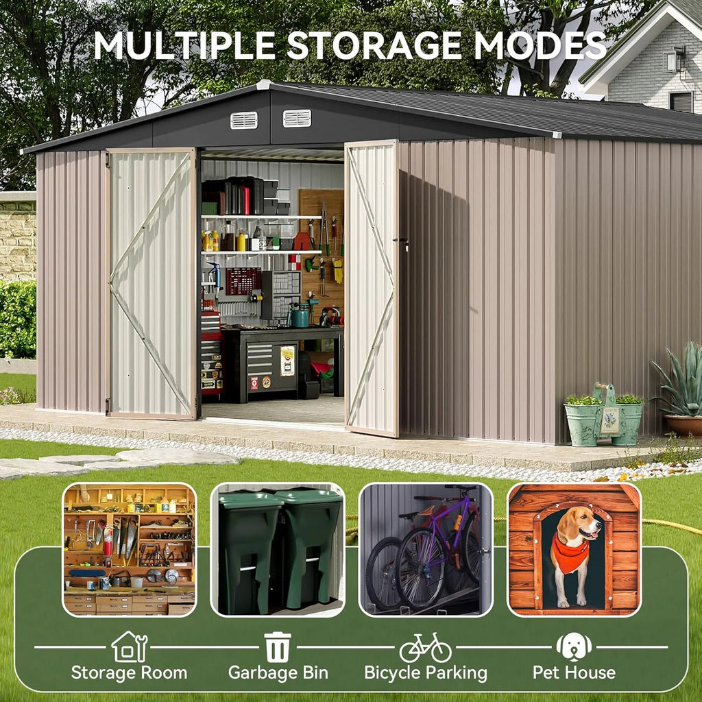 Aoxun 12x10 FT Shed Metal Outdoor Waterproof Storage Shed Steel Utility Garden Tool Shed with Door & Lock Outdoor Storage for Garden Patio Lawn Poolside, Brown