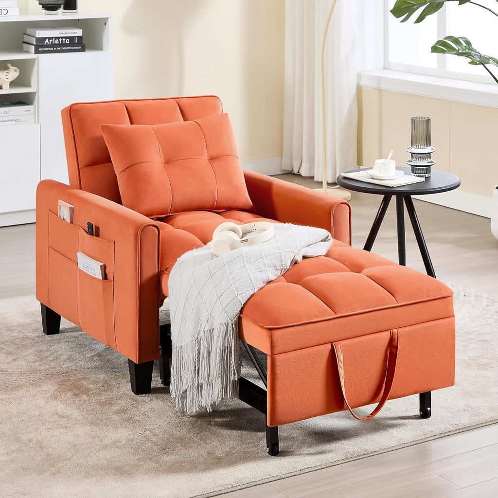 Convertible Sleeper Chair, 3 in 1 Sleeper Chair Bed Pull Out Sofa Bed Chairs, Velvet Single Sofa with Adjustable Backrest
