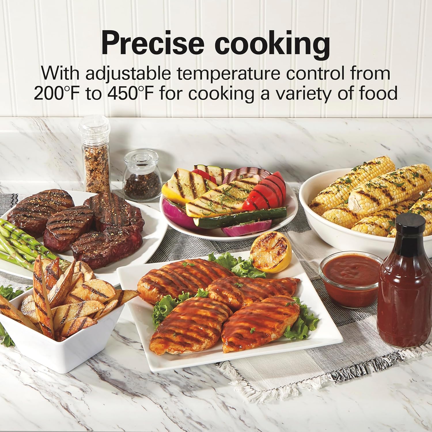 Indoor electric grill with viewing window, adjustable to 450��F, serves 6 people