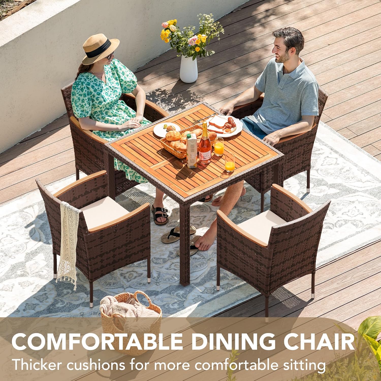 Devoko Dining 7 PCS Furniture Patio Conversation Set with Acacia Wood Table Top Rattan Outdoor