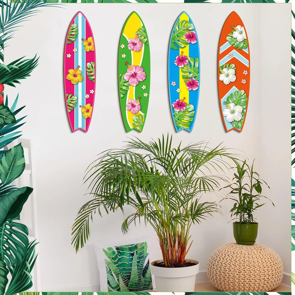Blulu 4 Pcs Surfboard Wall Decor Surfboard Wall Hanging Sign Wooden Beach Decoration Summer Theme Decor Hawaiian Luau Party Decoration for Home Bar Aloha Tropical Birthday Party(Tiki)