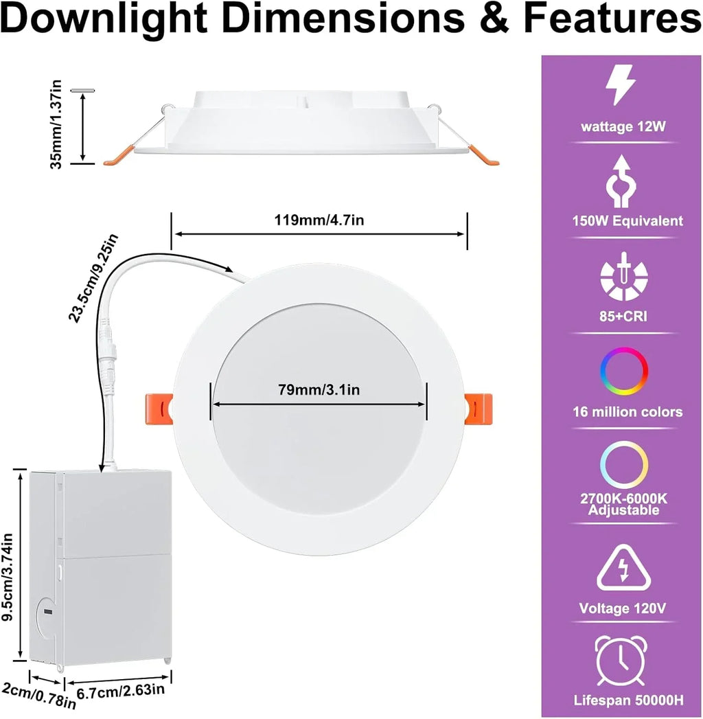Smart Recessed Lighting 4 RGBCW Color Changing 12W LED Downlight with Junction Box