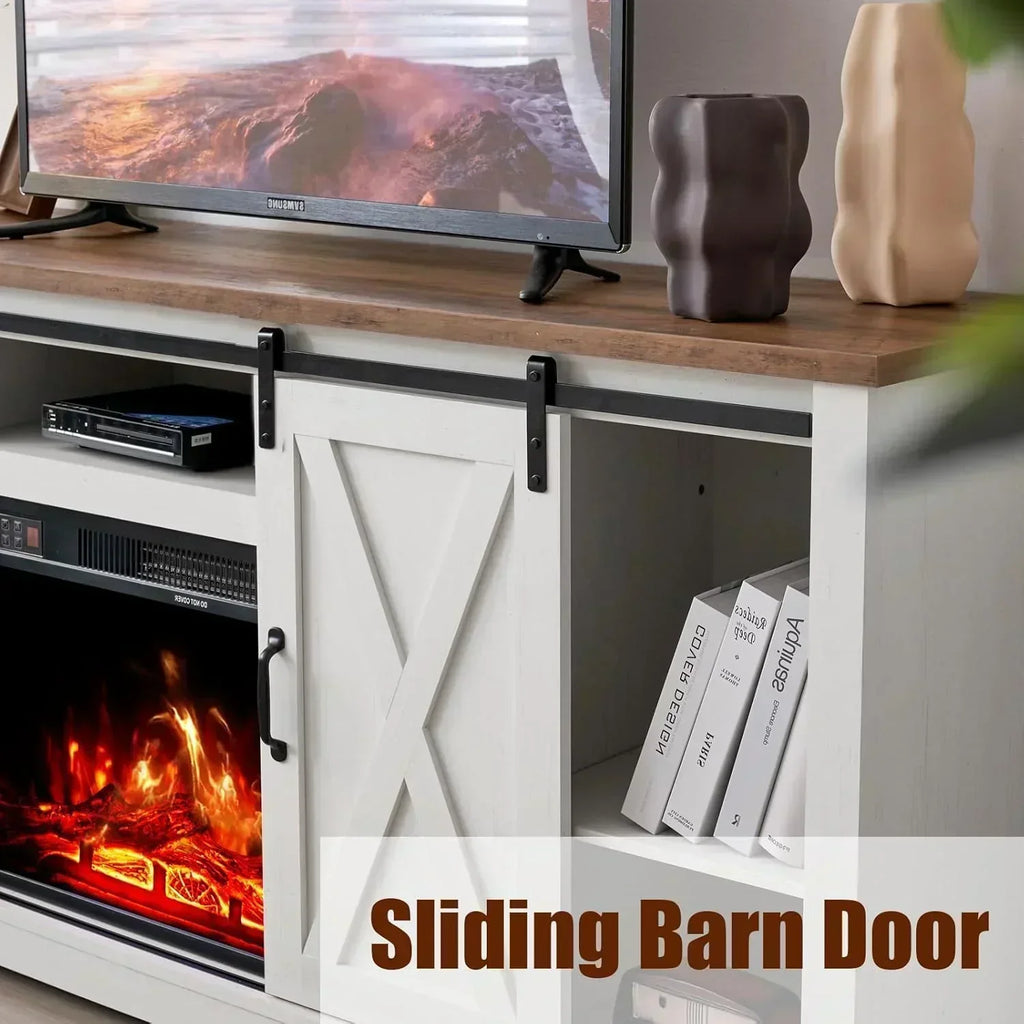 AMERLIFE Fireplace TV Stand with Sliding Barn Door  Farmhouse 63 Fireplace Entertainment Center