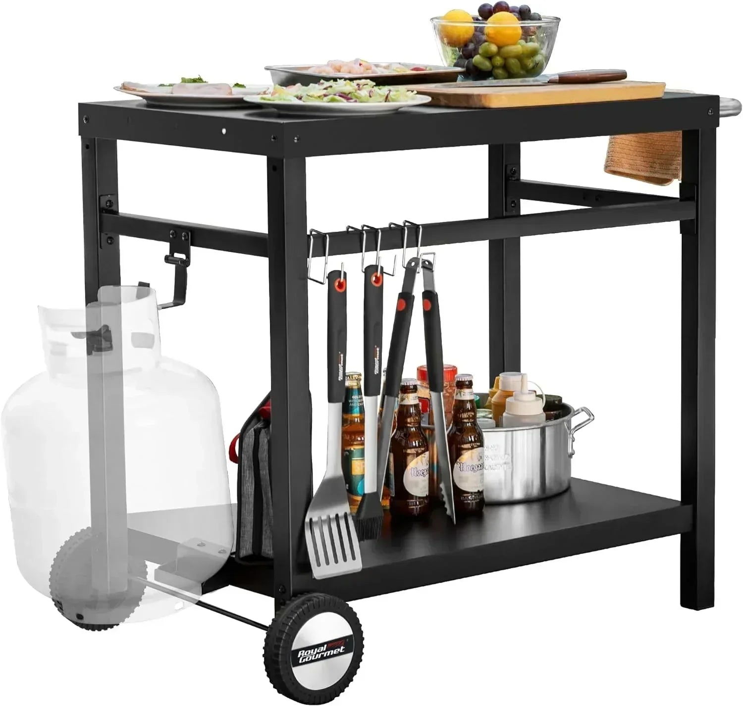 Royal Gourmet Dining Cart Table with Double-Shelf Movable Stainless Steel Flat Top Grill Cart