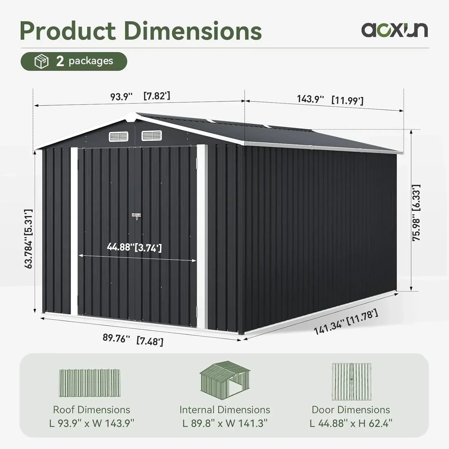 Aoxun 12x10 FT Shed Metal Outdoor Waterproof Storage Shed Steel Utility Garden Tool Shed