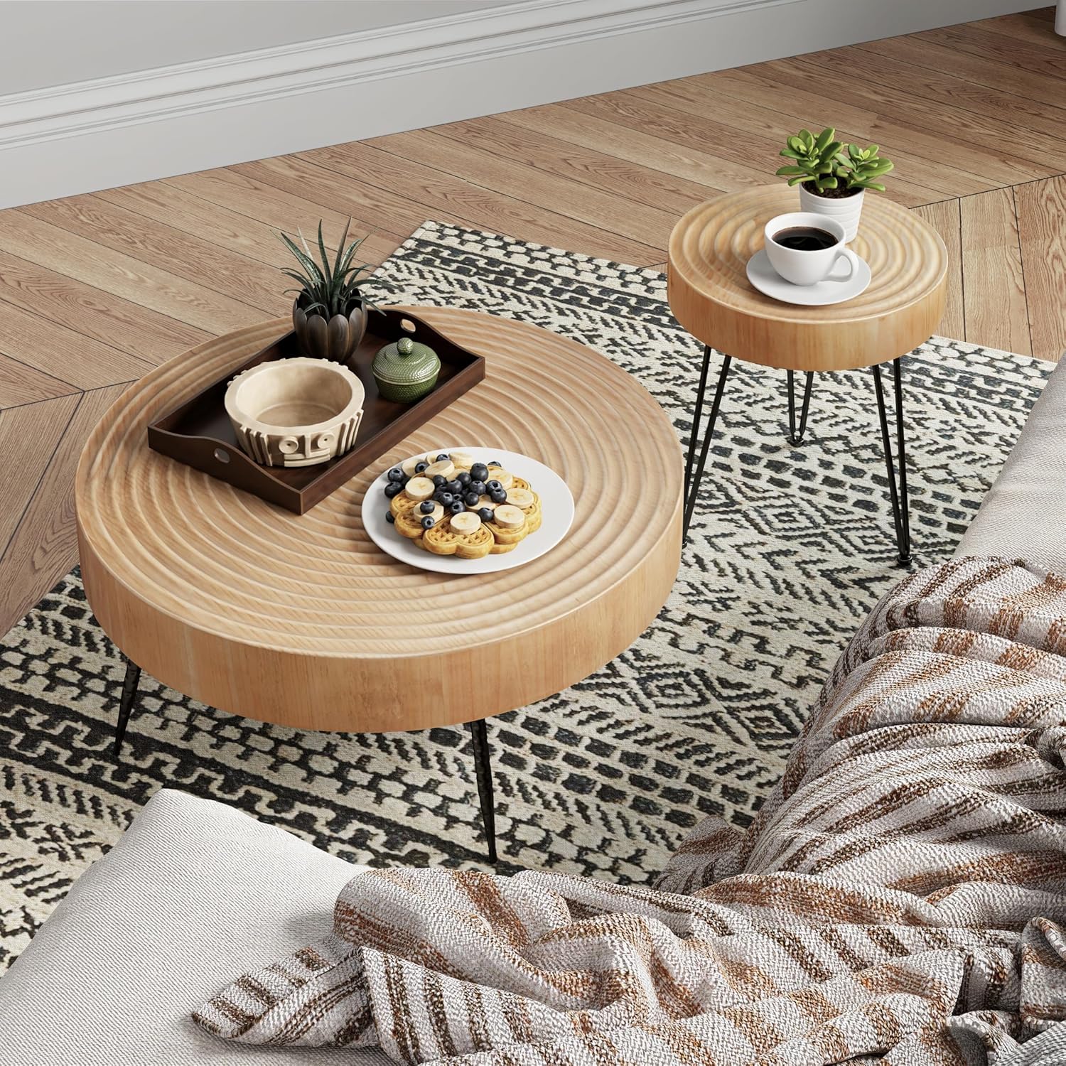 Two-Piece Modern Farmhouse Living Room Coffee Table Set Round Nesting Tables