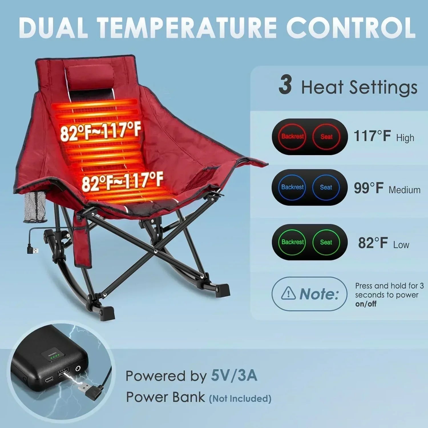 Heated Camping Chair Extra Large Heated Chair Outdoor Sports Chair with 3 Heat Levels on Back