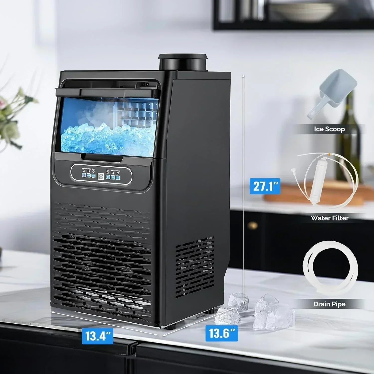VINGLI Commercial Ice Maker Machine 90lbs/24H Plastic Under Counter Ice Maker 11lbs Storage