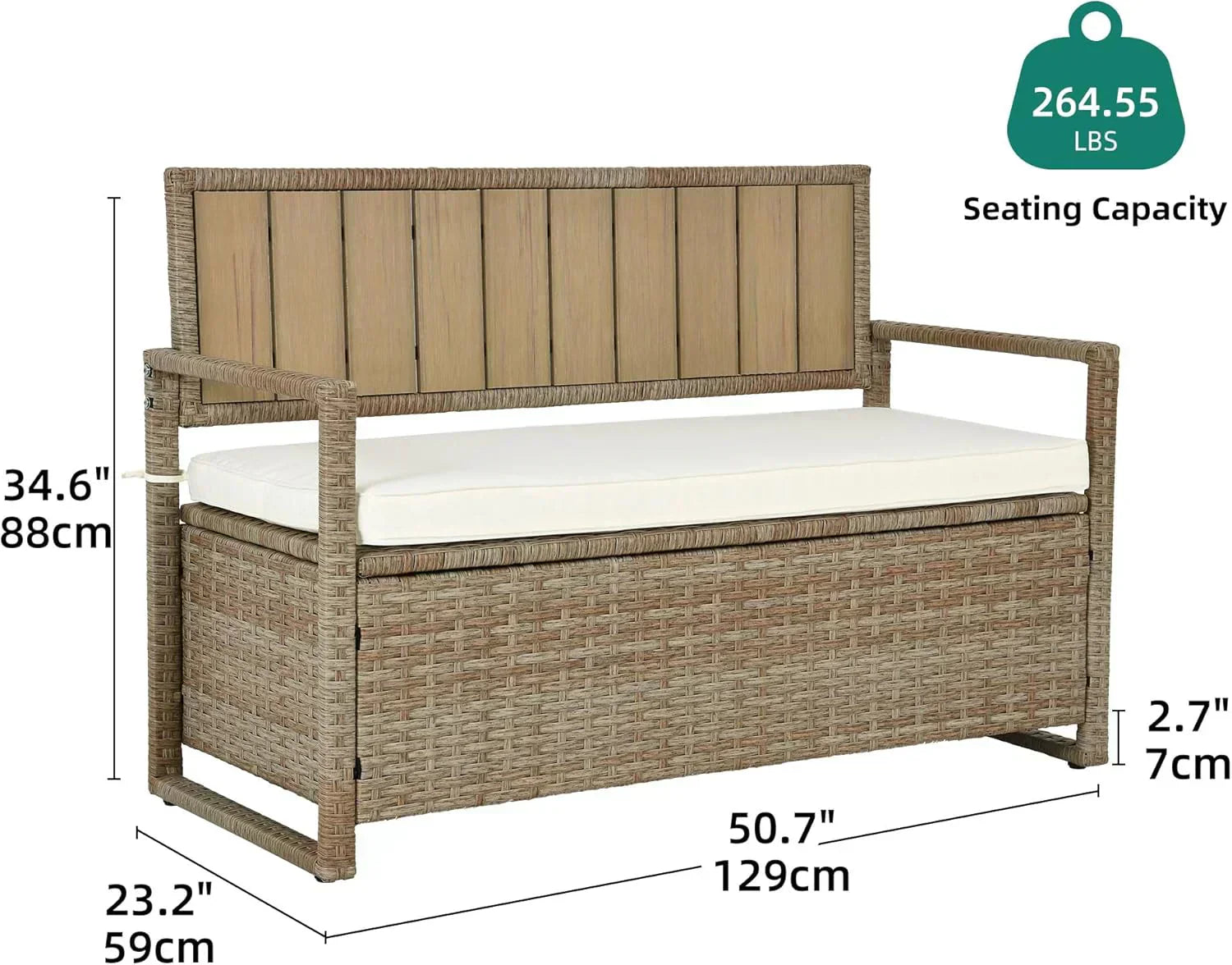 DWVO 70Gal Outdoor Storage Bench with Cushion Composite Wood Backrest Wicker Deck Bench