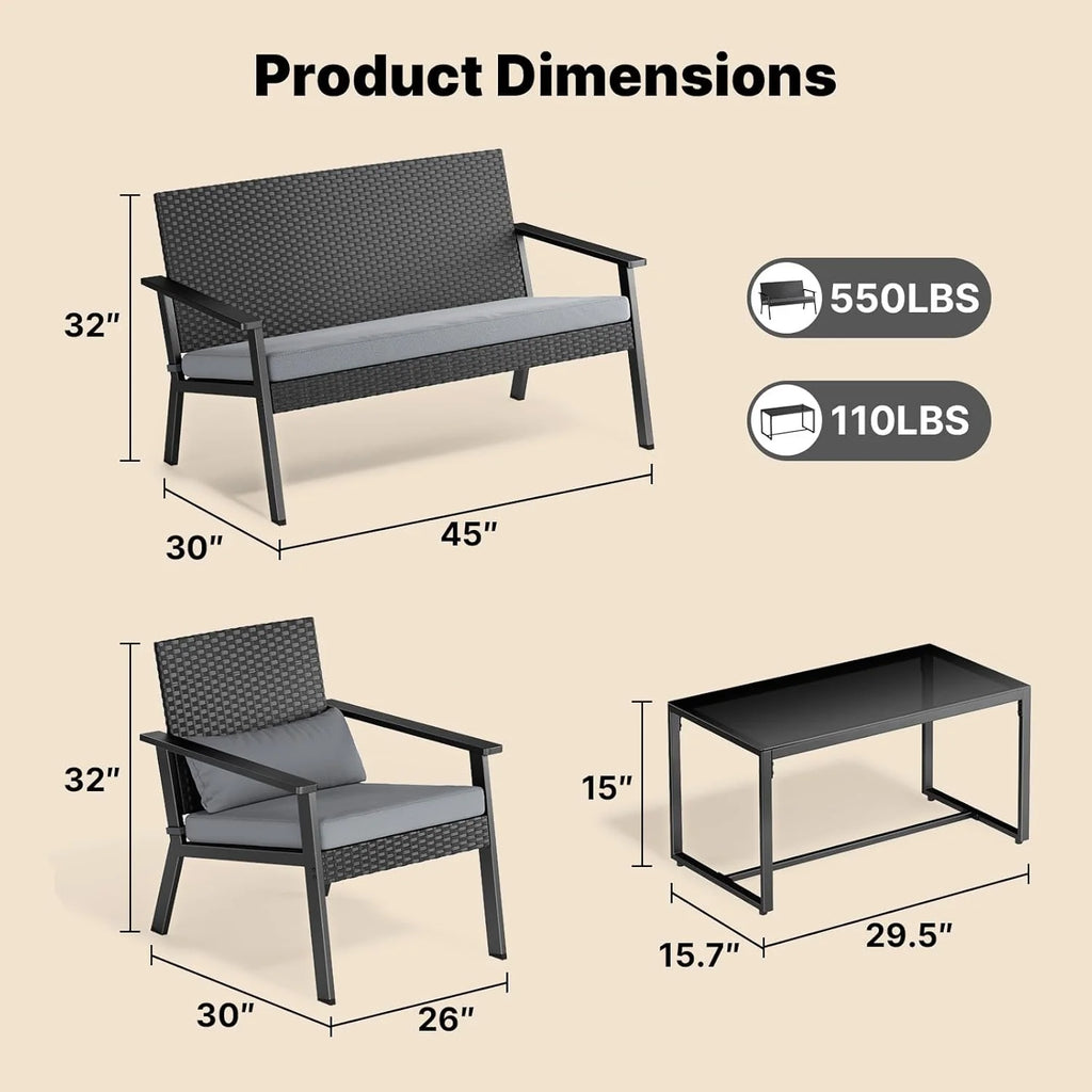 Ahomly 4-Piece Outdoor Wicker Patio Furniture Set with Deep Seating Cushions and Table for Balcony, Backyard, and Porch (Gray)