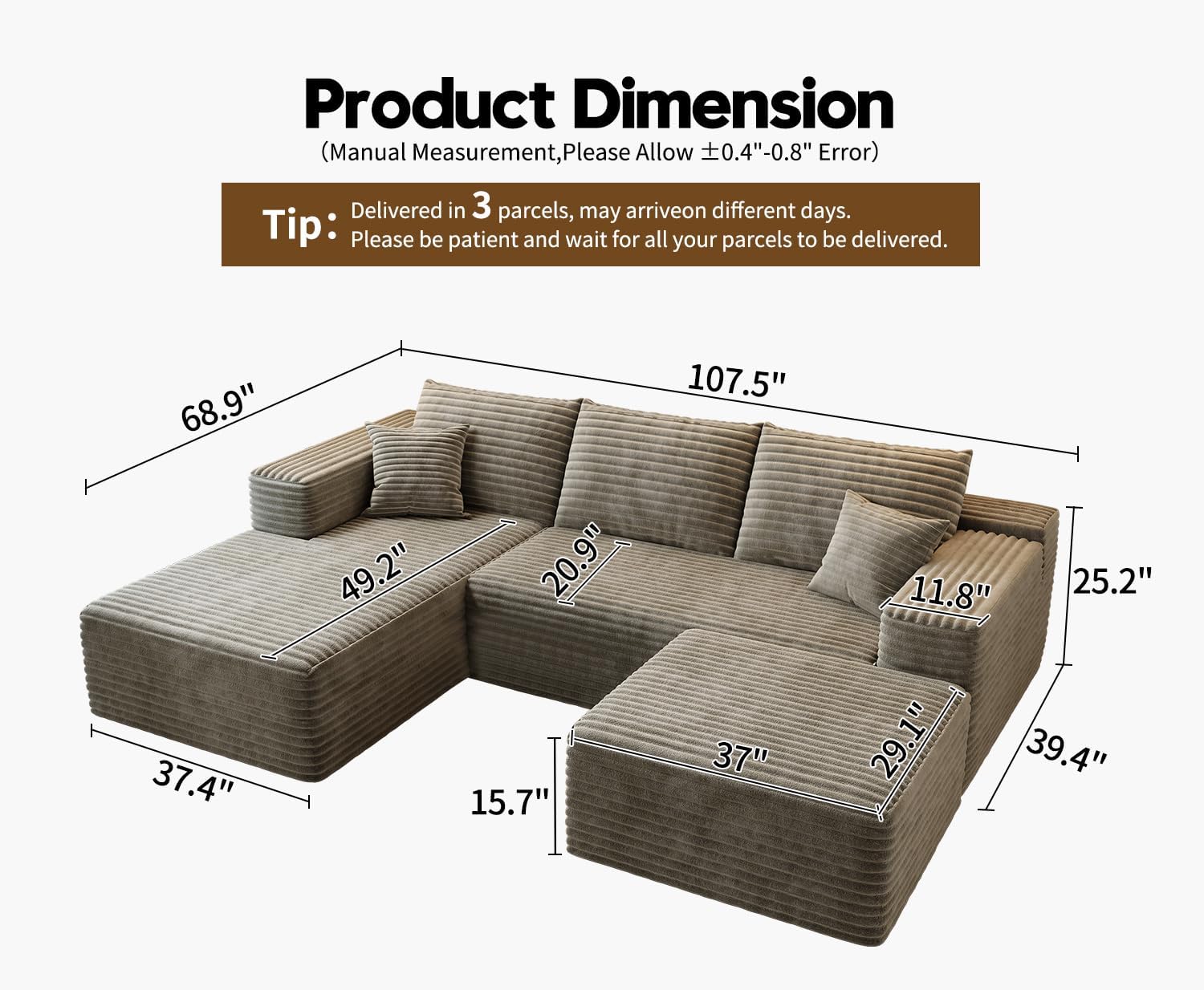 107.5 Cloud Modular Sectional Sofa Couch with L-Shape Chaise,Modern Minimalist Upholstered Couches