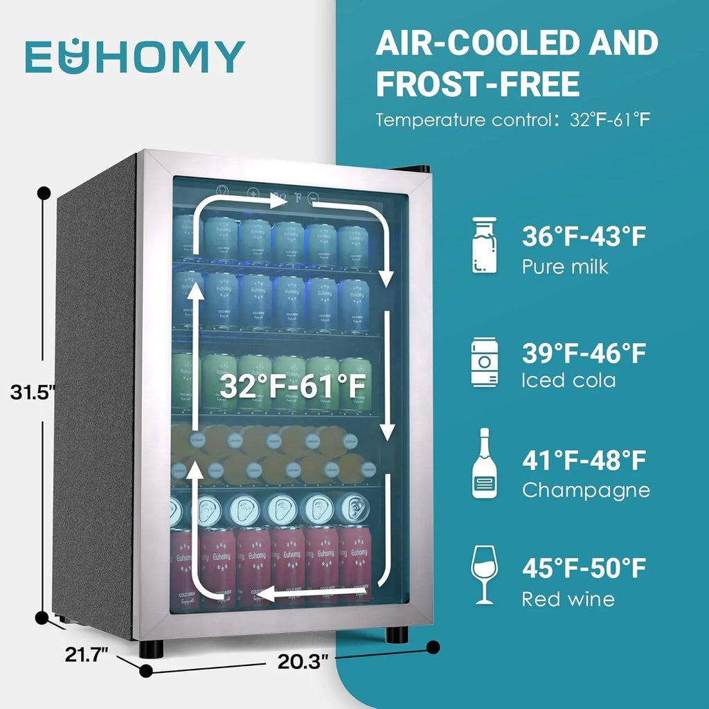 EUHOMY Beverage Refrigerator Cooler, 130 Can Mini Fridge with Glass Door for Soda Beer or Wine, Beverage Cooler for Home, Office, Bar with Adjustable Removable Shelves, Silver