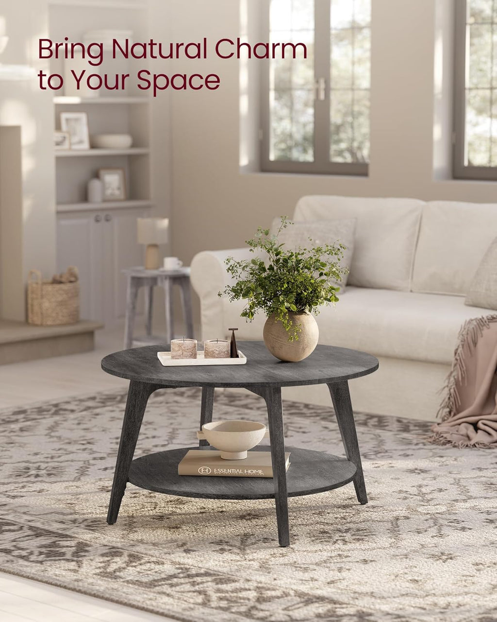 VASAGLE Round Coffee Table 2 Tier Coffee Table with Storage for Living Room 31.5 x 17.7 Inches