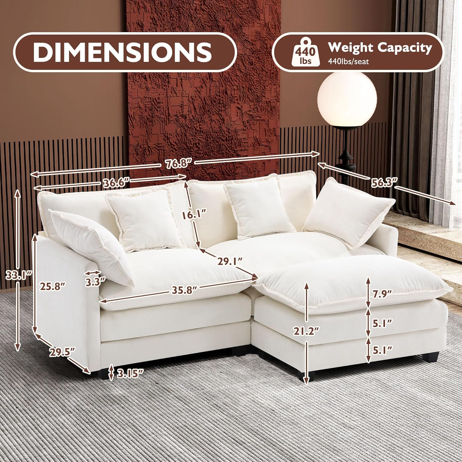 111.4 Inch L Shaped Modern Sofa Modular Cloud Sofa with Ottoman 4 Seater Chenille Deep Seat Sofa