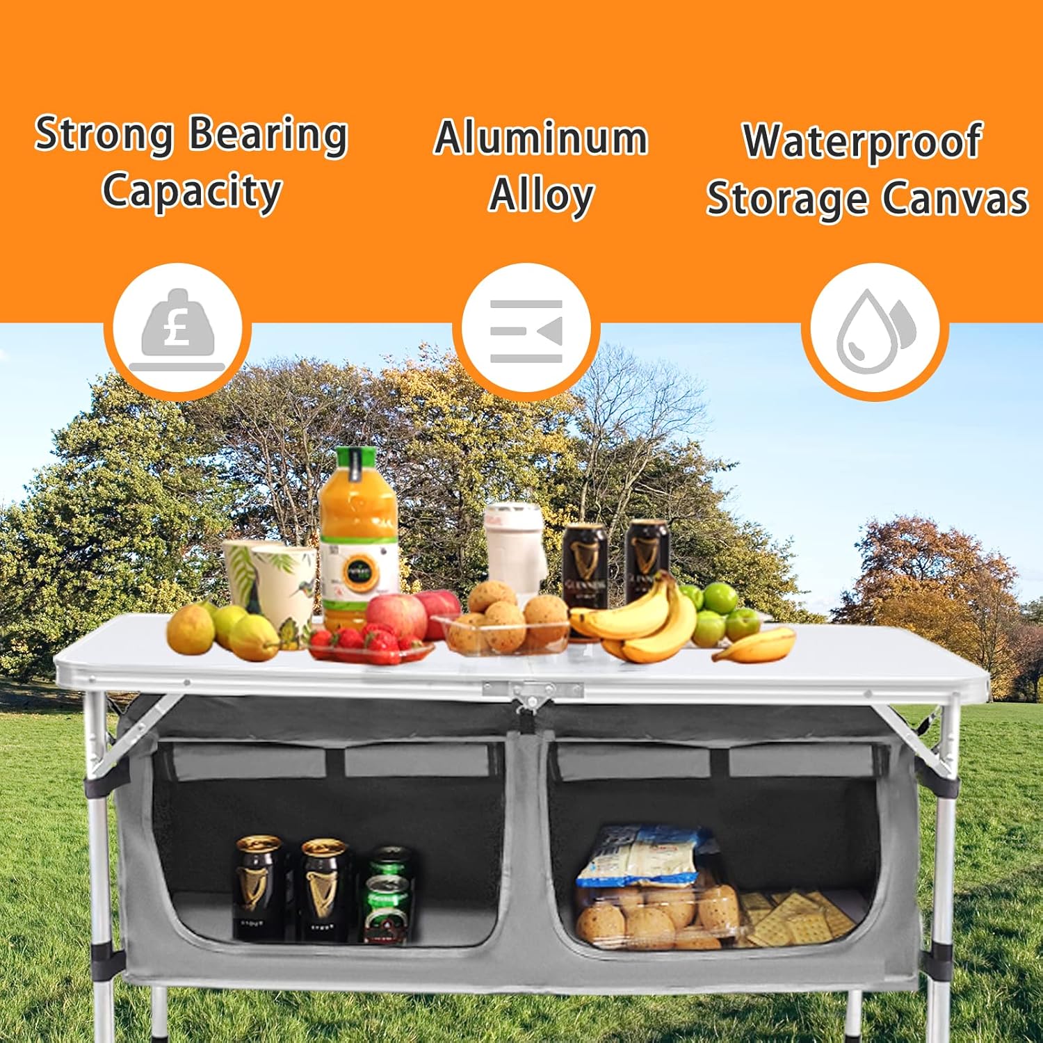 Outdoor Folding Table Aluminum Lightweight Height Adjustable with Storage Organizer
