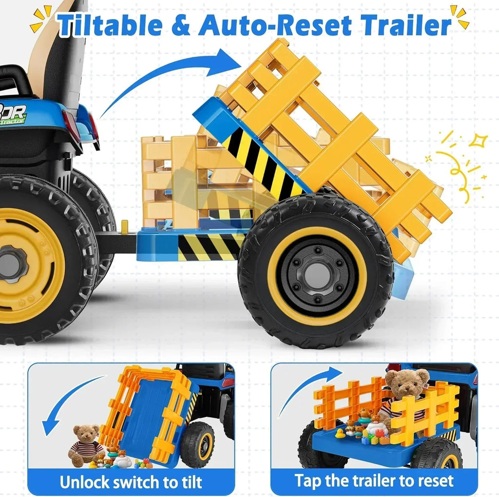 24V Ride On Tractor Tiltable Detachable Trailer 2x65W Motors EVA Tires Remote Control