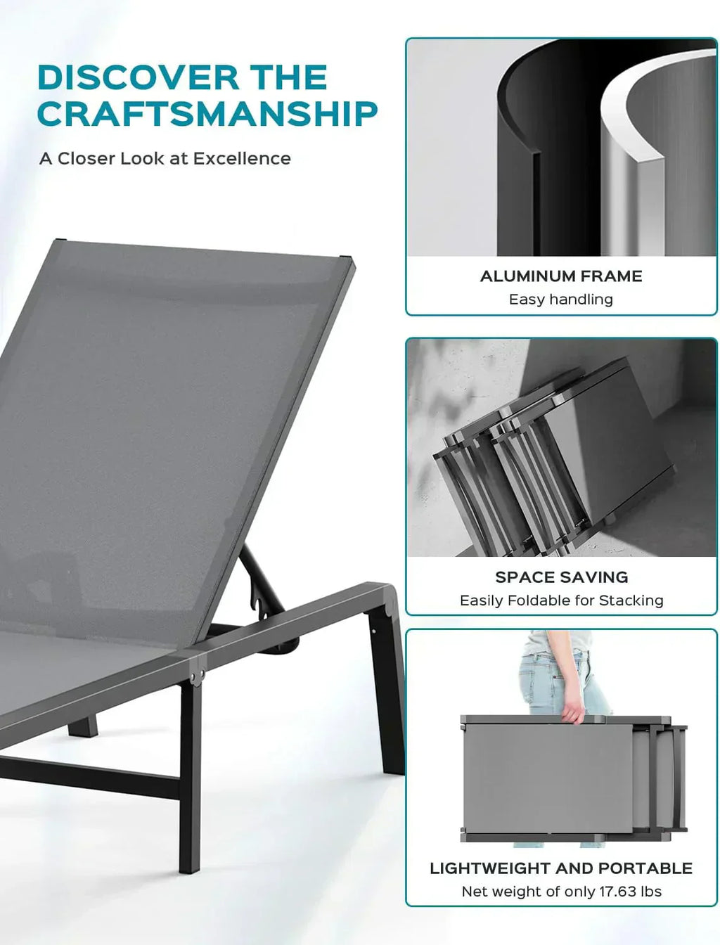 Aluminum Chaise Lounge Outdoor Foldable Assemble Free Outdoor Lounge Chair 5 Adjustable Backrest