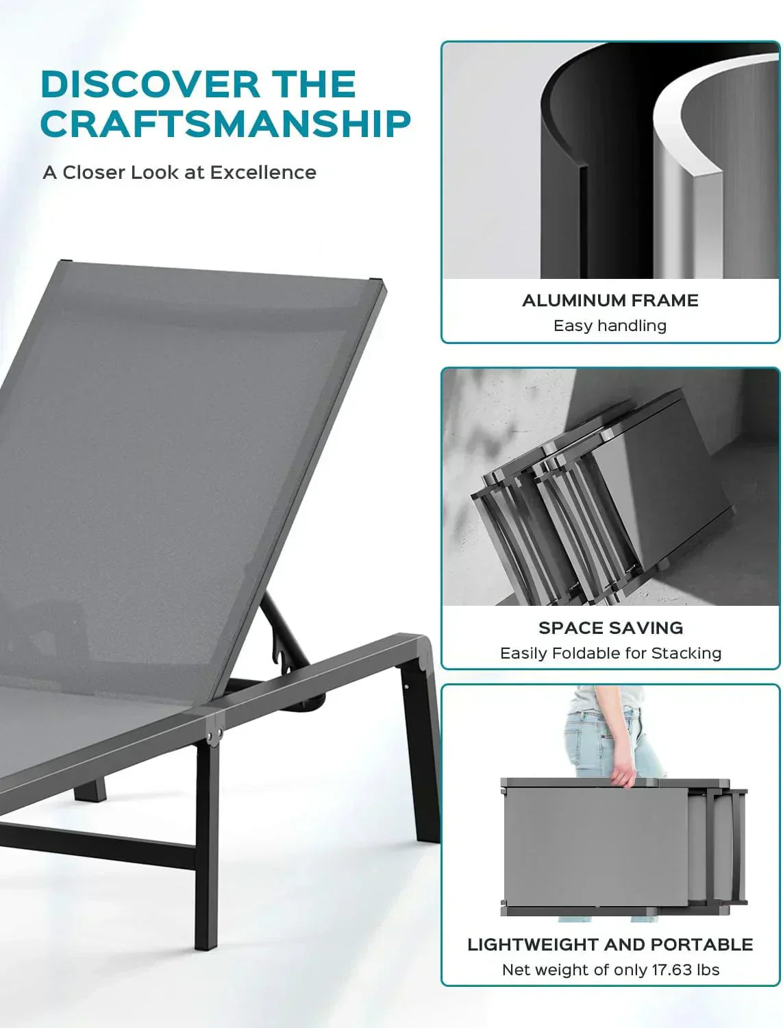 Aluminum Chaise Lounge Outdoor Foldable Assemble Free Outdoor Lounge Chair 5 Adjustable Backrest