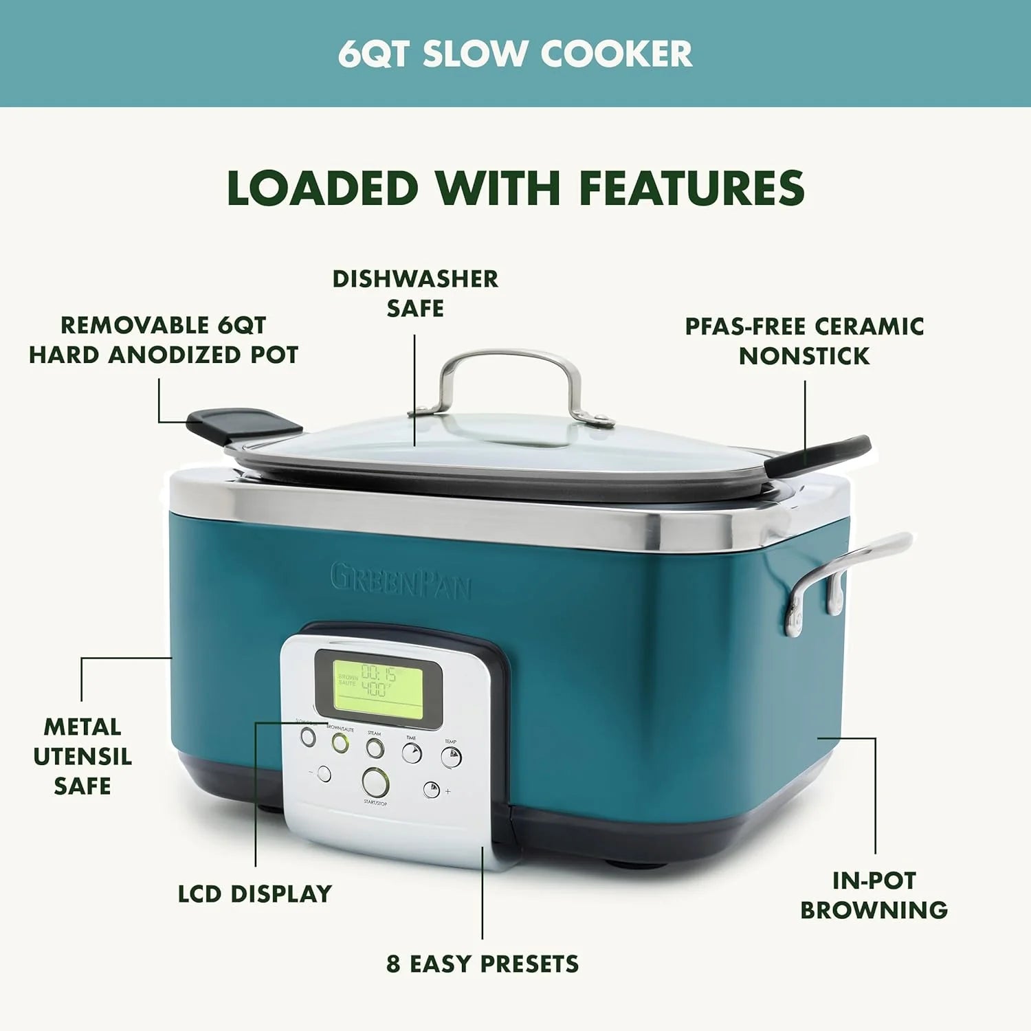 8-in-1 Programmable 6QT Electric Slow Cooker with Dishwasher-Safe Lid and Removable Base
