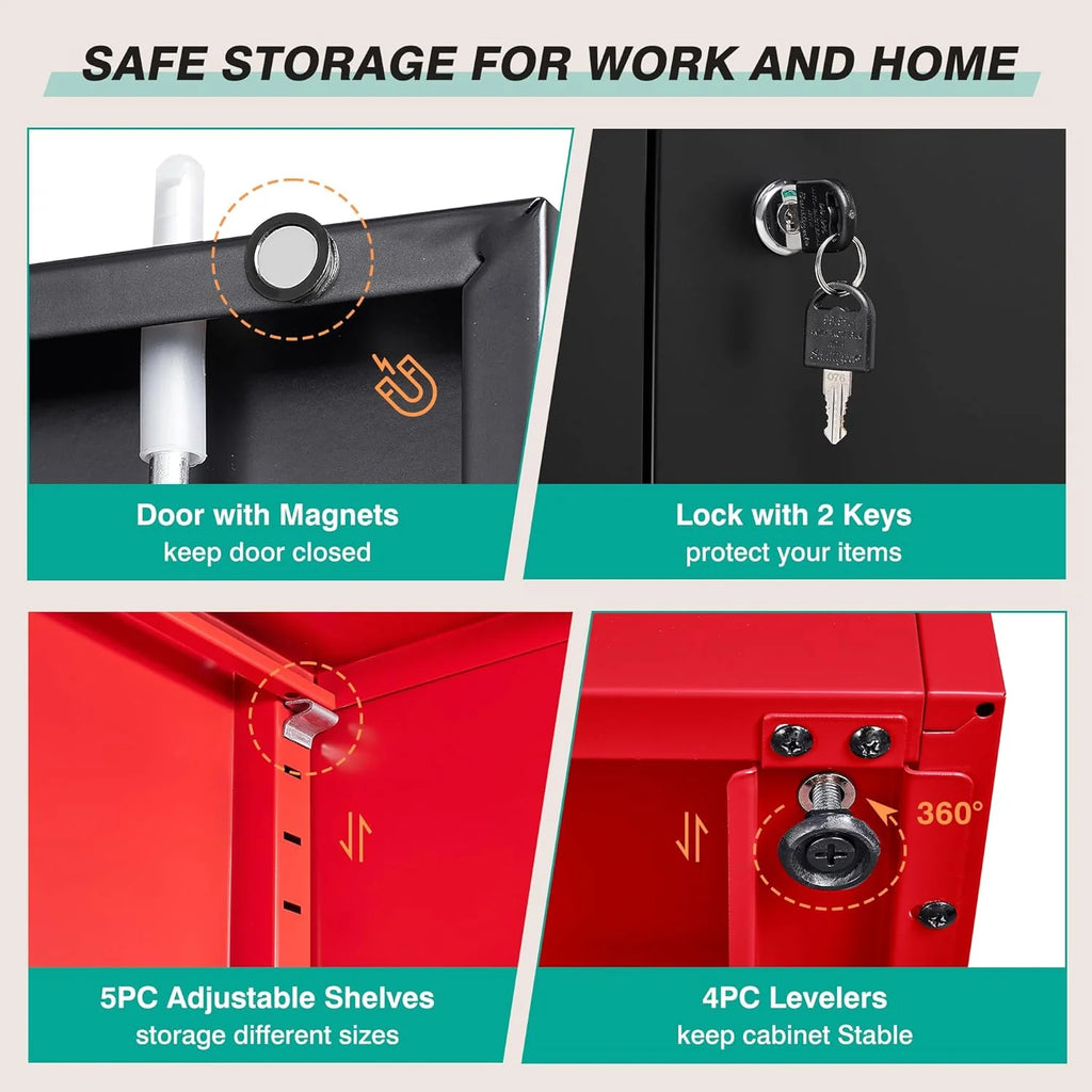 Metal Storage Cabinet with 2 Doors and 6 Shelves, Black Metal Cabinet with Lock, 71 Inch Lockable Garage Storage Cabinet
