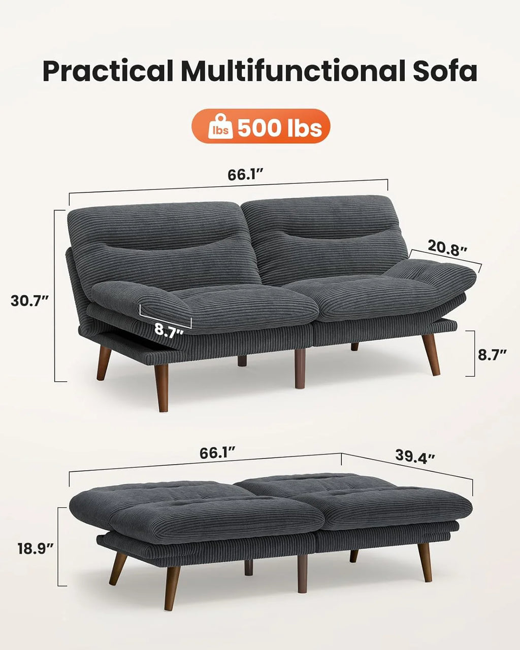 Pipishell Convertible Futon Sofa Bed,66 Corduroy Futon Couch with Adjustable Backrest and Armrests, Recliner Sleeper Sofa for Small Spaces, Play Room or Office, Grey