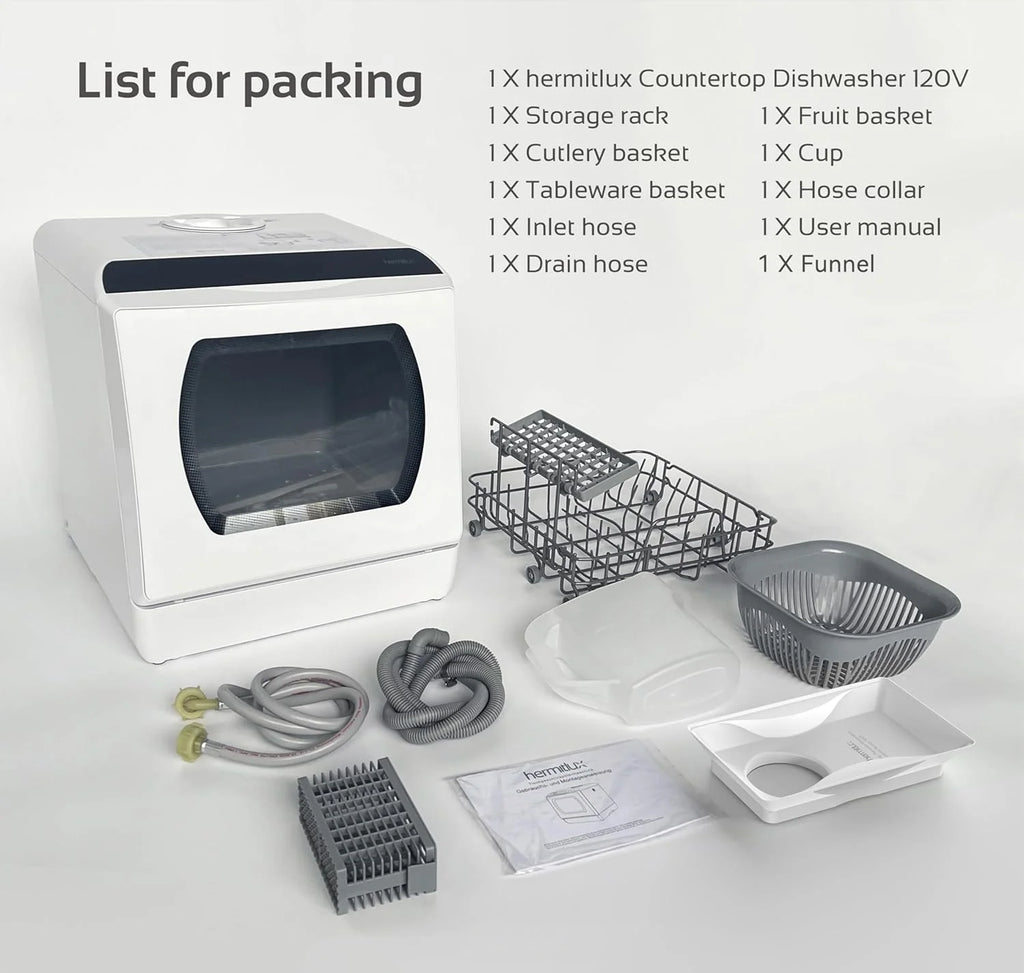 Hermitlux Countertop Dishwasher, 7 Washing Programs Portable Mini Dishwasher with 5-Liter Built-in Water Tank for Apartments & RVs, LED Light, Glass Door, No Hookup Needed