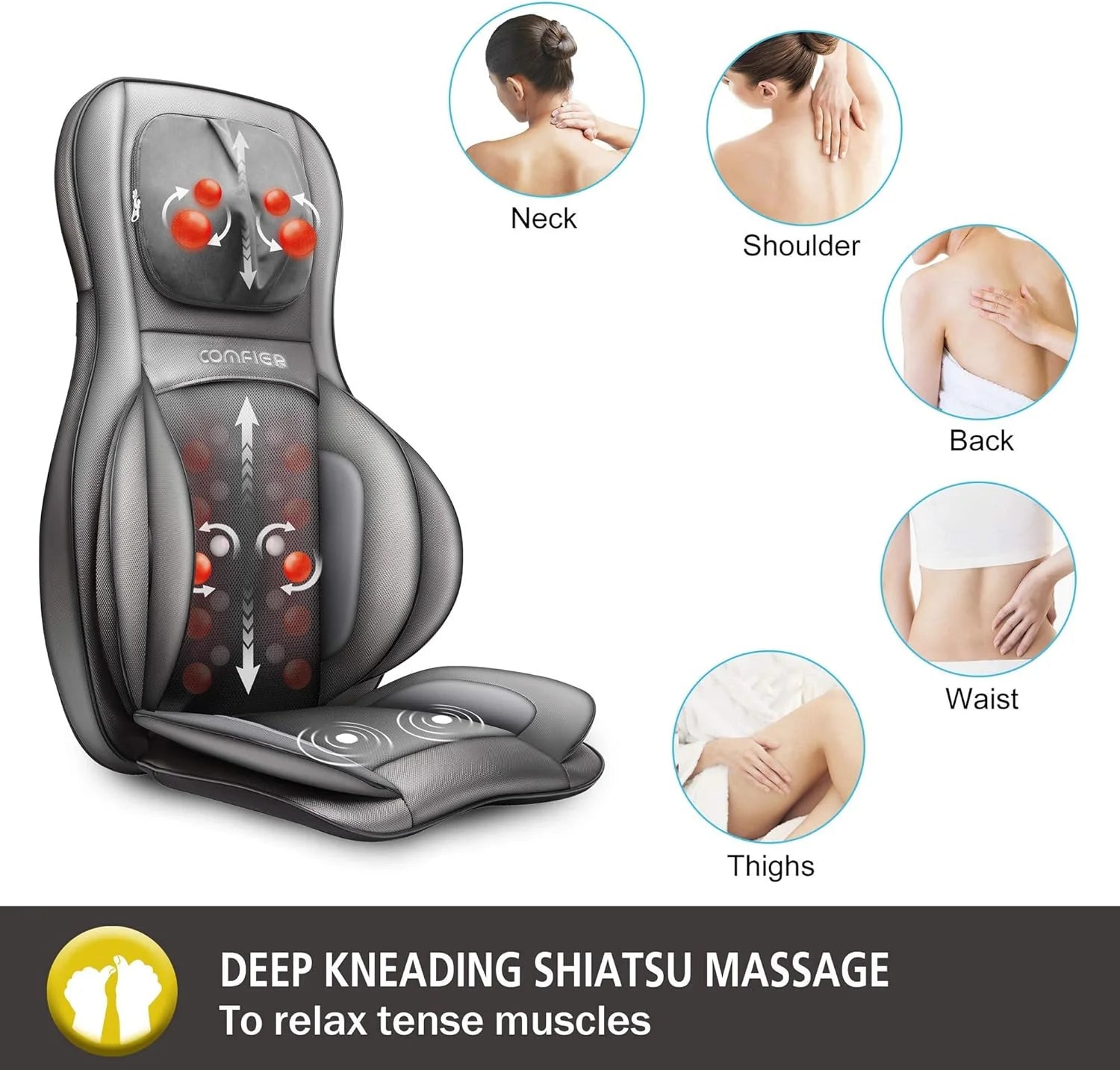 COMFIER Massager Chair with Heat Shiatsu Neck Back Massager Portable with Compress & Rolling Massage Chair Pad for Full Back Neck & Shoulders Full Body Pain