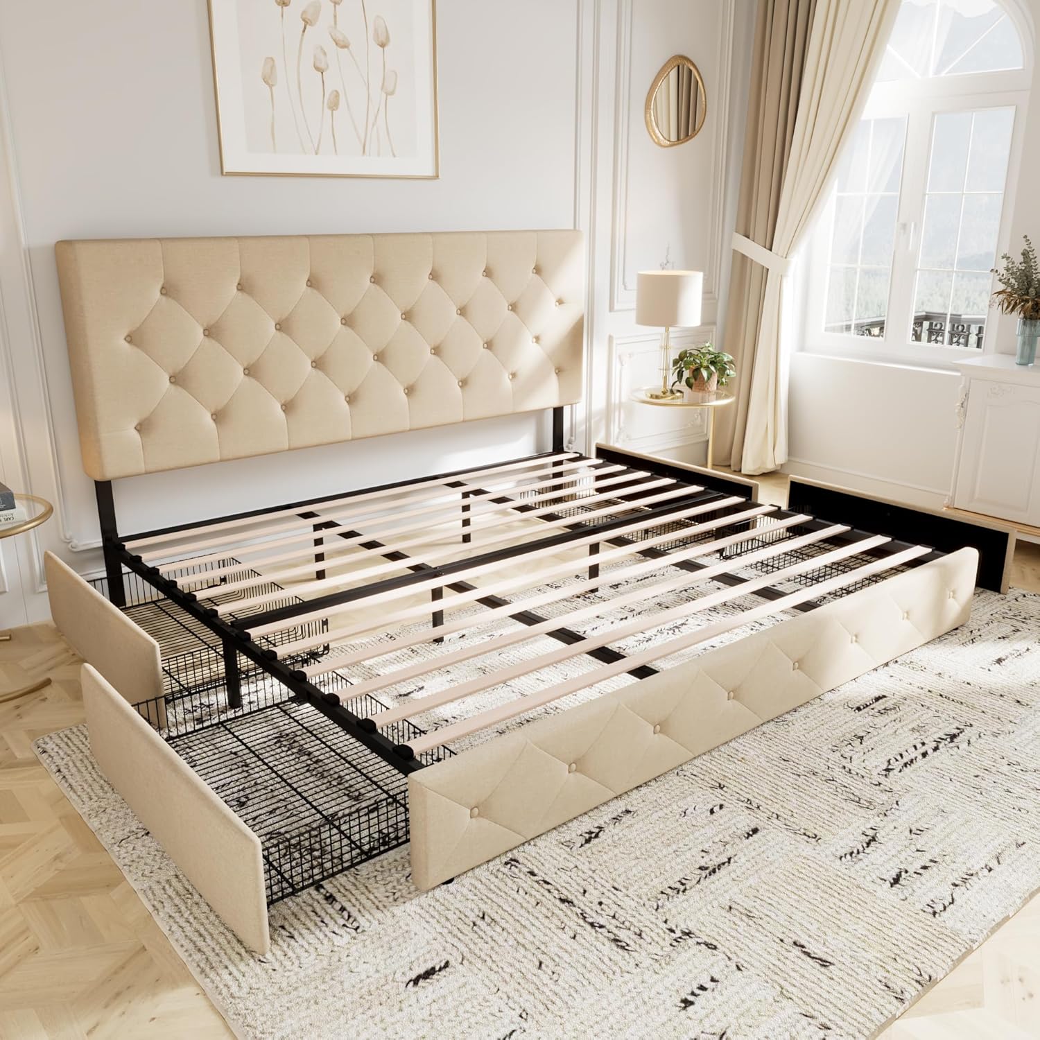 Allewie Upholstered Queen Size Platform Bed Frame with 4 Storage Drawers and Headboard