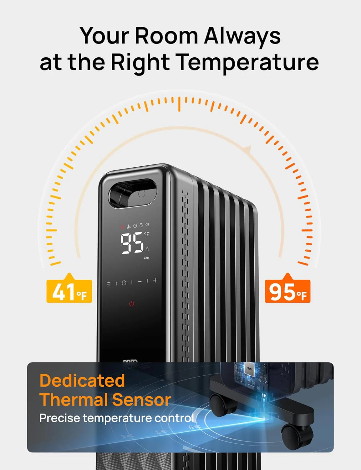Indoor electric radiant heater with overheat and tip-over protection, digital thermostat, oil-filled radiator