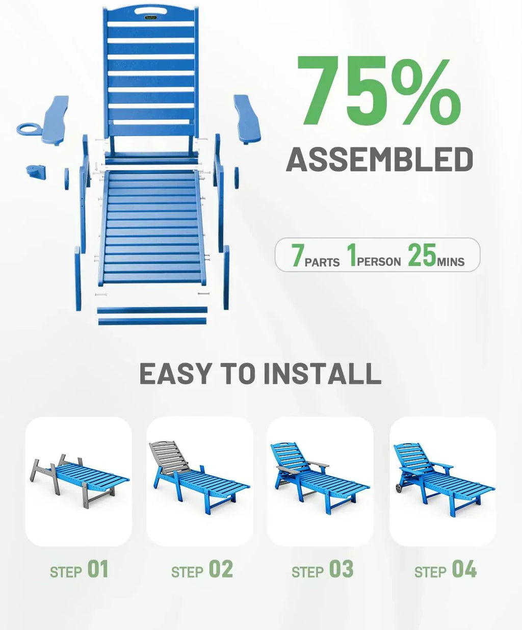 Lounge Chair Outdoor Chaise Lounge HDPE 6-Position Outdoor Chaise Lounge Patio Lounge Chair