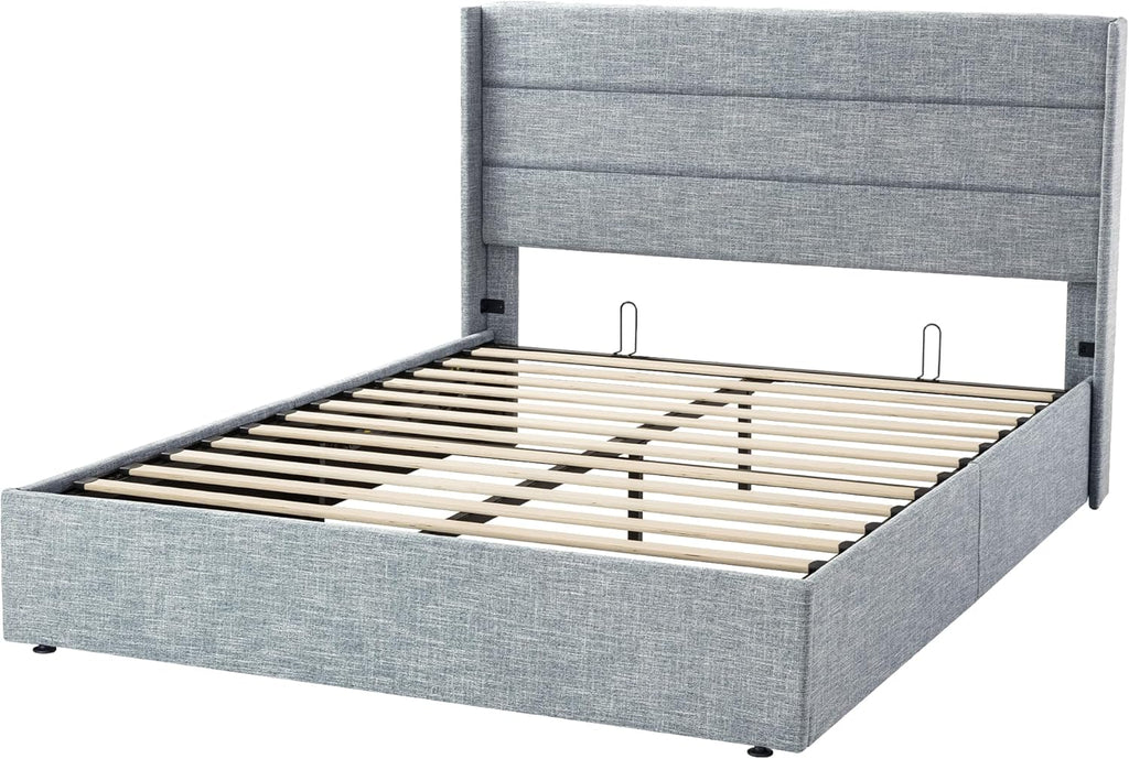 Allewie Queen Size Lift Up Storage Bed Modern Wingback Headboard Hydraulic Support