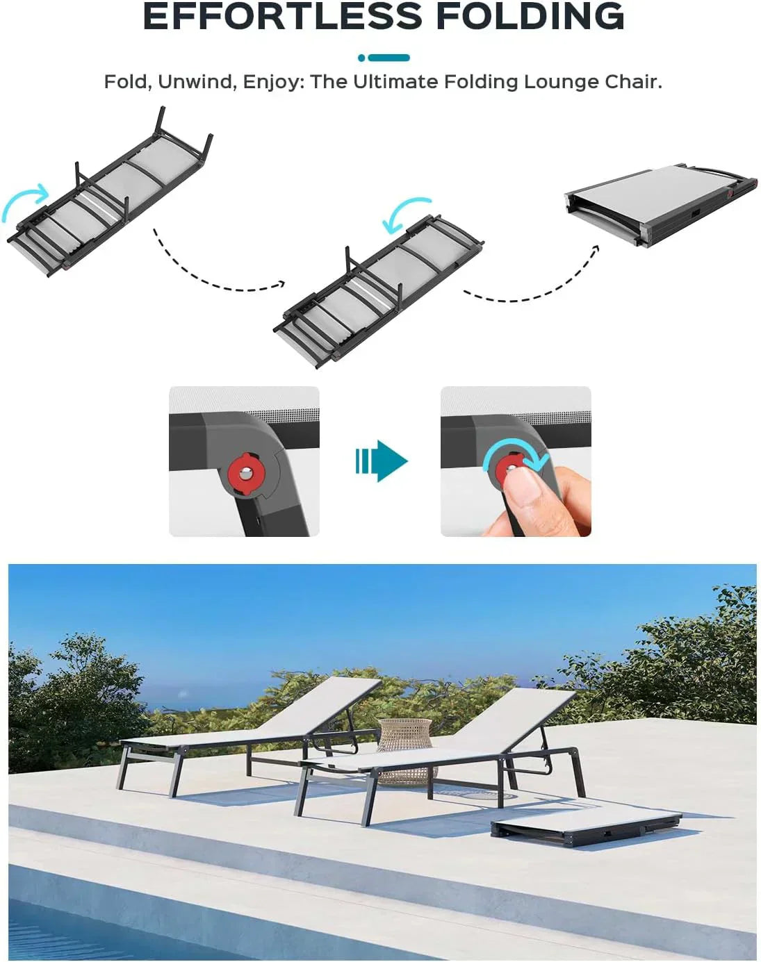 Aluminum Chaise Lounge Outdoor Foldable Assemble Free Outdoor Lounge Chair 5 Adjustable Backrest