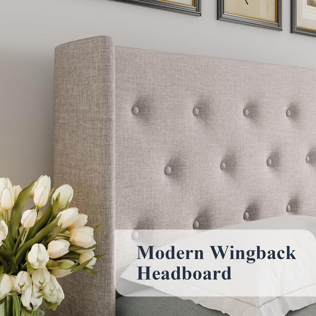 Allewie Queen Size Lift Up Storage Bed Modern Wingback Headboard Hydraulic Support