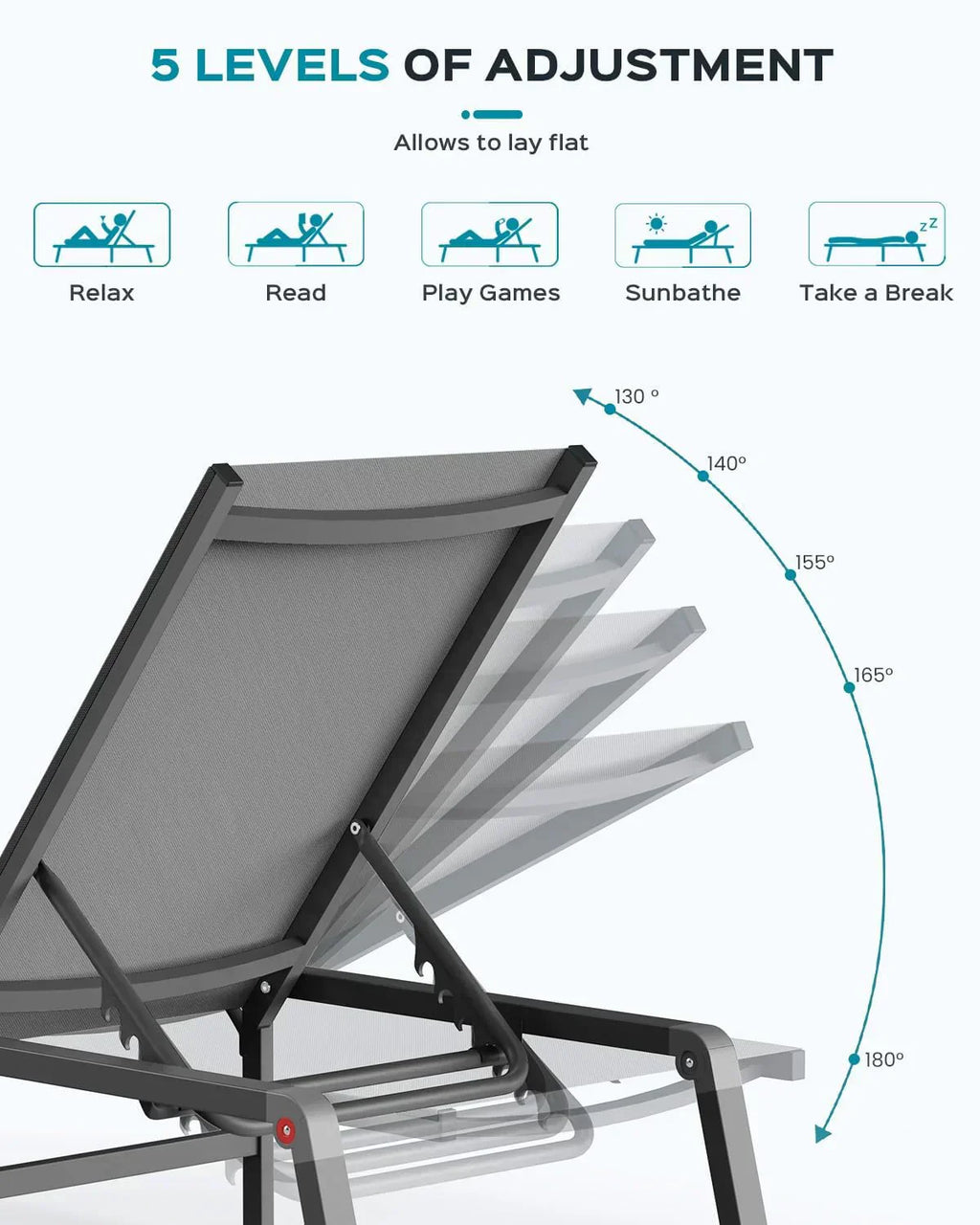 Aluminum Chaise Lounge Outdoor Foldable Assemble Free Outdoor Lounge Chair 5 Adjustable Backrest