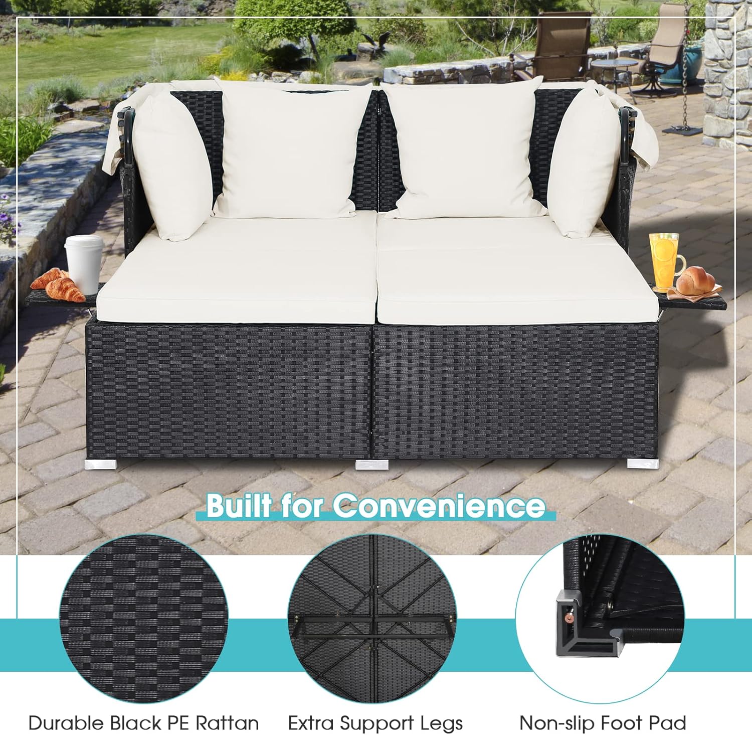 RELAX4LIFE Patio Outdoor Daybed with Canopy Wicker Sunbed Cushions 4 Pillows