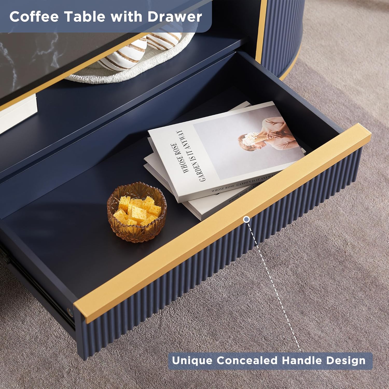 OKD Modern Luxury Grooved Coffee Table 48 Inch Oval Coffee Table Drawers Imitation Marble Top