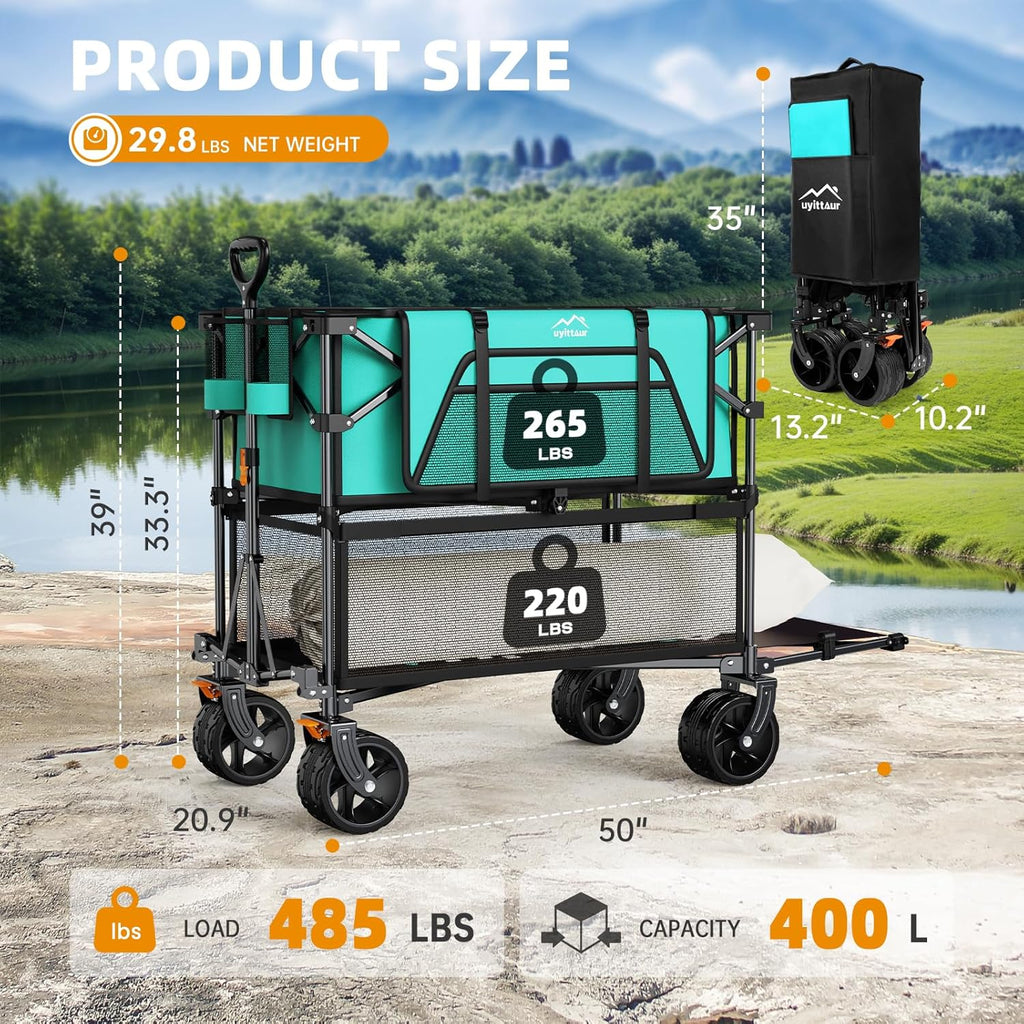 Foldable 50''L Extra Long Double Decker Wagon for Sport 400L Collapsible Heavy Duty Wagon Cart