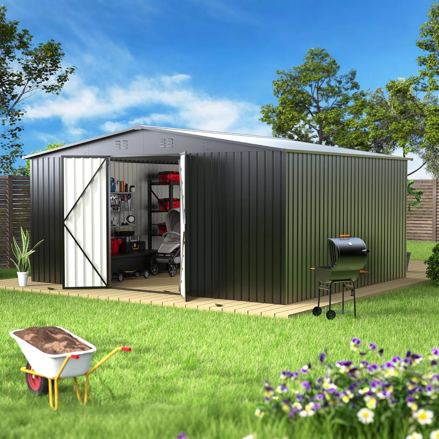 14 x 12 ft Outdoor Storage Shed, Metal Waterproof Storage Shed Steel Utility Garden Tool Shed
