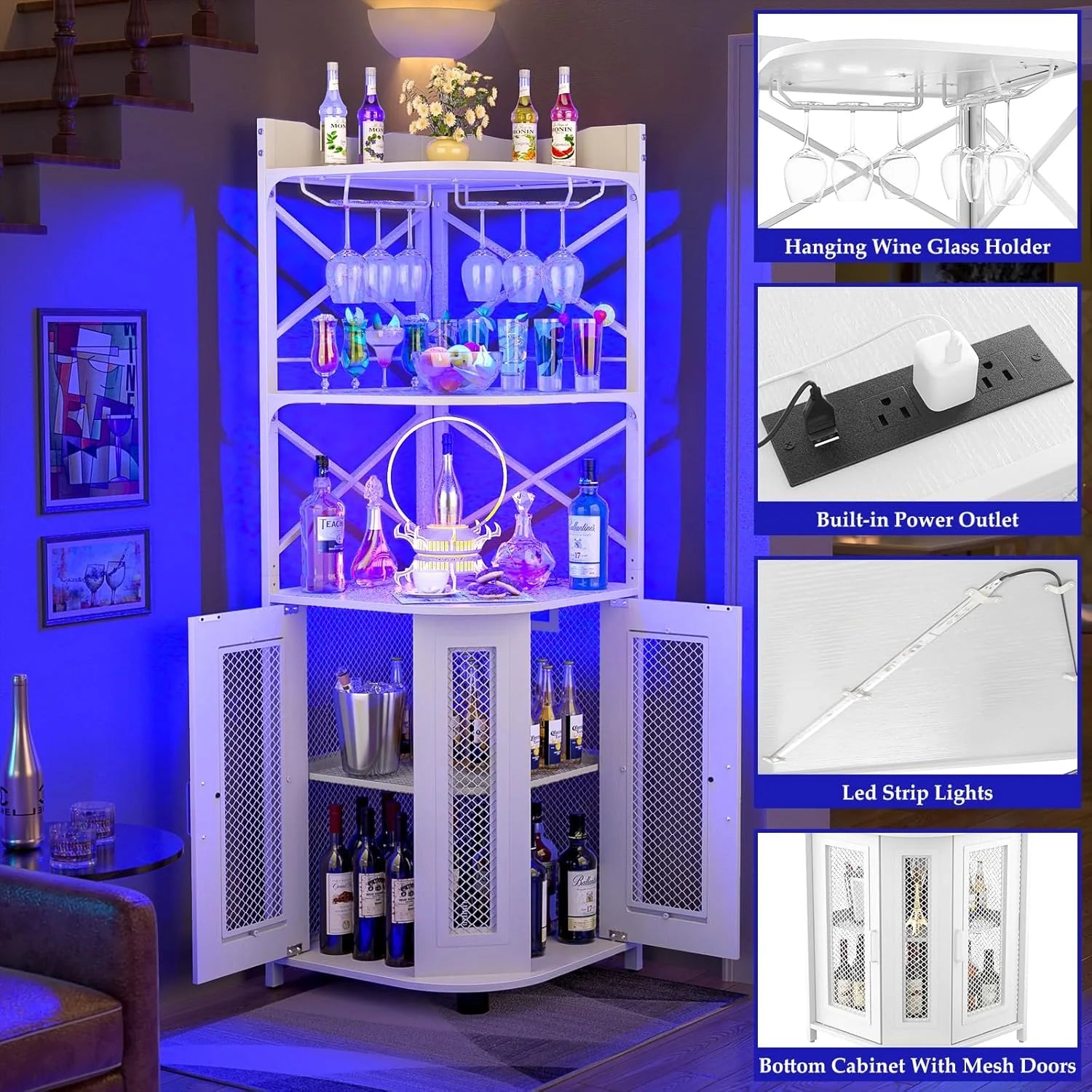 Aheaplus Corner Bar Cabinet with Power Outlet, Industrial Wine Cabinet with LED Strip and Glass Holder, 5-Tiers Liquor Cabinet Bar Unit for Home, Corner Display Cabinet for Small Space, White Oak